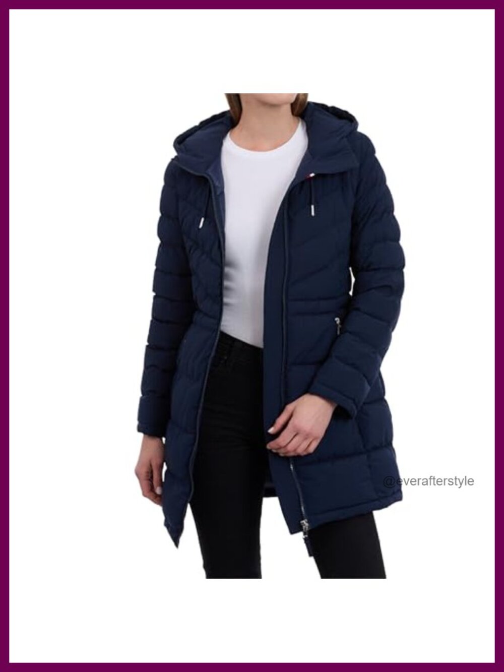 Quilted Hooded Long Lightweight Jacket 3/4 Zip Front Pockets Fall